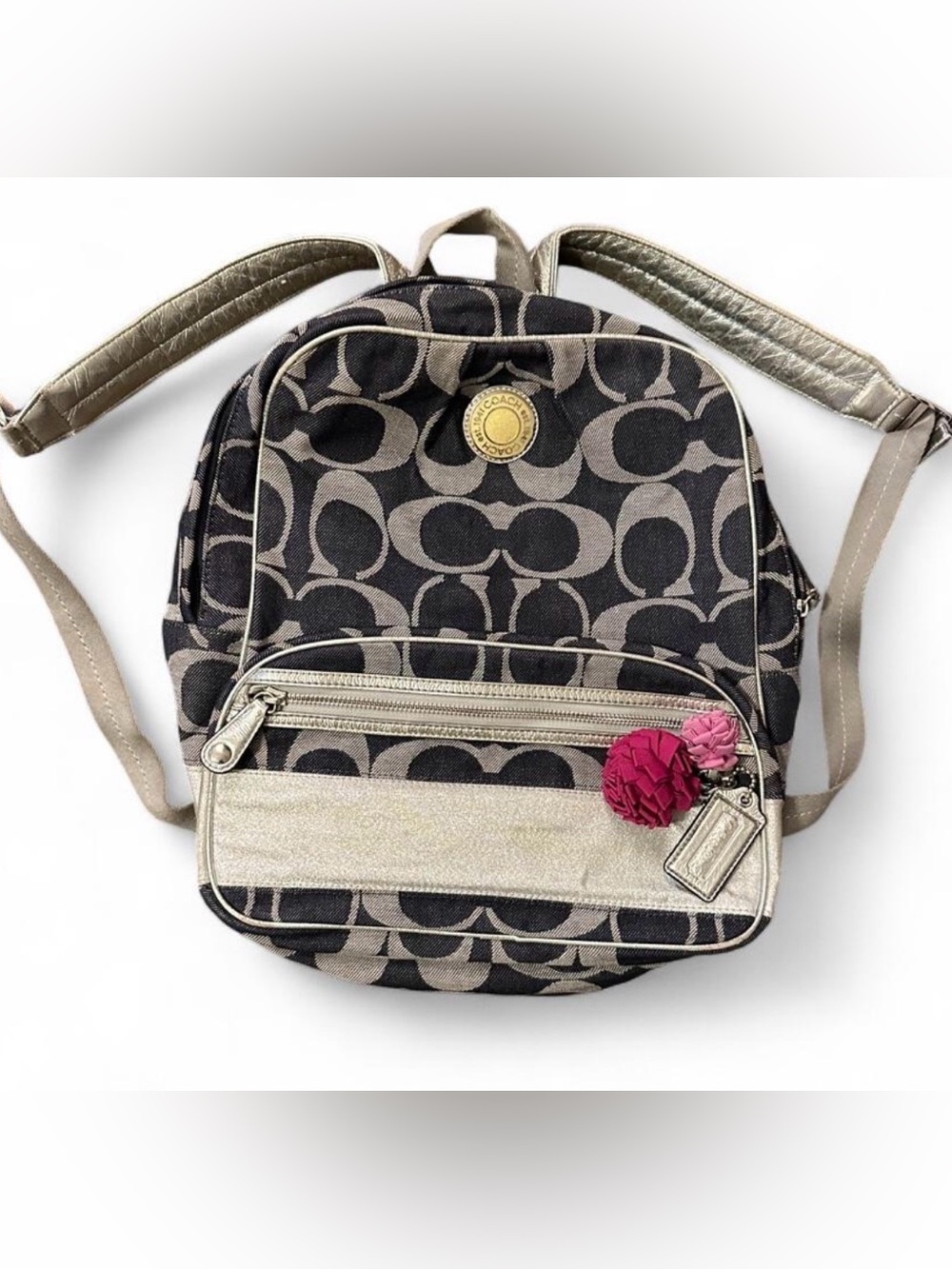 Vintage Coach Backpack with Pink Pom Charm